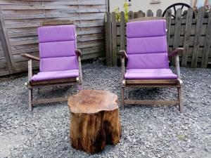 two purple chairs sitting next to a tree stump at Roulotte Insolite avec Bain Nordique Privé à La Flèche - FR-1-410-485 in Saint-Germain-du-Val