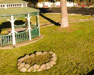 a garden with a gazebo and a small plant in a circle at Cascade Motel in Oakridge