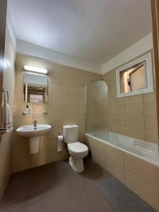 Un baño con inodoro, lavabo y ducha. en 2 Bedroom Penthouse Apartment With Swimming Pool, en Kiti