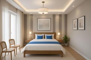 een slaapkamer met een groot bed met blauwe kussens bij VIP Hotel Residency Puri Inn - Top-Rated Luxury Hotel - Near Sea Beach & Sea Facing Rooms In Puri - AC Rooms #Lift - Free Wi-Fi & Parking - A Best Luxury Hotel Inn Puri Book Now in Puri