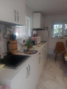 RemeteaにあるCasă țărănească Marikaの白いキャビネットとシンクのあるキッチン