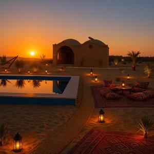 un complejo turístico con piscina en el desierto al atardecer en Soléi Desert Retreat, en siwa oasis