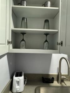 a kitchen sink with a toaster and vases on shelves at Hidden Treasure in Davenport