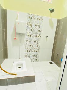 a white bathroom with a shower and a toilet at D Palas Timur Homestay 10 Minit Ke Pusat Bandar KB in Wakaf Baharu +15 photos