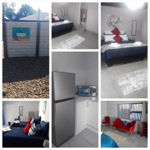 a collage of four pictures of a room with a refrigerator at Columbae Guesthouse in Parys