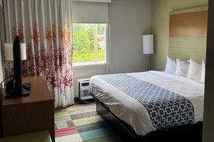 a hotel room with a bed and a window at Gallus Stadium Park Inn, an Ascend Collection Hotel in Columbia