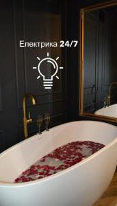 une baignoire avec une ampoule dans une salle de bain dans l'établissement Central Gate apartment, à Tchernivtsi