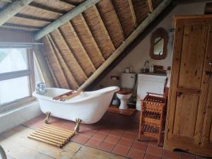 a bathroom with a bath tub and a toilet at Rivers edge cottage in Stilbaai +7 photos