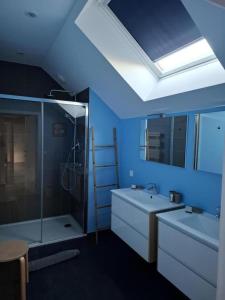 łazienka z prysznicem, umywalką i wanną w obiekcie La grange des deux pays w mieście Nieppe +48 zdjęć