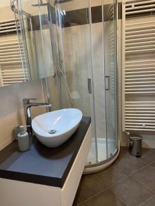 a bathroom with a sink and a shower at Appartamento Iris in Mori