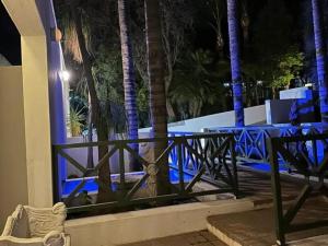 a table and chairs on a patio with palm trees at White House River Manor in Upington