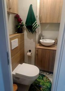 a small bathroom with a toilet and a sink at Lovely flat in a great location in Košice