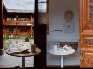 Dos fotografías de una mesa con libros encima y un edificio. en Xianju Bieyuan Guesthouse Hotel, en Dali Shuanglang 189 fotos más