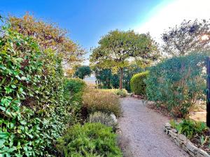 a path through a garden with bushes and trees at Panorama du mas, 2 Pers Piscine à Calvisson in Calvisson