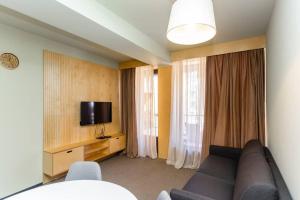 a living room with a couch and a tv at 1BR apart 1 min from M Kokhta 3rd floor in Bakuriani