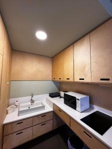 a small kitchen with a sink and a microwave at The 4th Floor Vista in front of Kokhta in Bakuriani