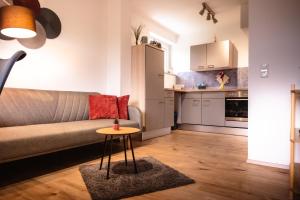 un salon avec un canapé et une table dans l'établissement Evelyns Apartment Kurpark Idylle, à Bad Bocklet