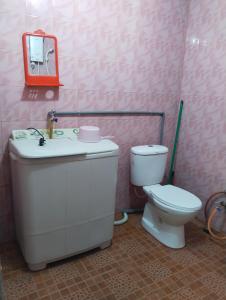 a bathroom with a toilet and a sink and a mirror at Homestay Haji Hamid in Pantai Cenang