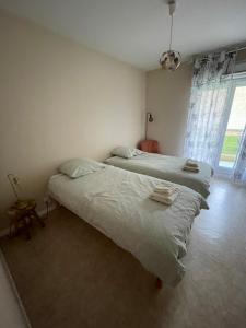 ショーモンにあるAppartement proche centre villeのベッド2台と窓のある寝室