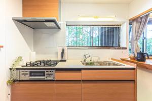 eine Küche mit Spüle und Herd oberen Backofen in der Unterkunft 日本文化に触れる日光リゾート貸切Villa 最大10名 プライベートサウナ 雨でもBBQ にぎわいOK 完全プライベート空間 in Ochikawa