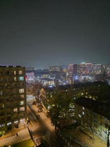 ein Blick auf eine Stadt bei Nacht mit Gebäuden in der Unterkunft Love & Happiness in Almaty