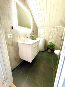 a bathroom with a sink and a toilet at KB Fisherman Cabin - NR3 - Stamsund in Stamsund