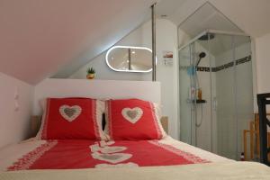 a bedroom with a bed with red pillows and a shower at O Cottage E Lavisse in Le Nouvion-en-Thiérache