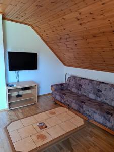 een woonkamer met een bank en een flatscreen-tv bij Guesthouse Zafran in Smoljanac