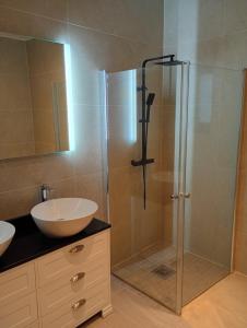 a bathroom with a glass shower and a sink at Ferienhaus Aäng 6 Südschweden in Vislanda +9 photos