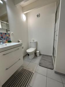 a white bathroom with a toilet and a shower at SWEET HOMES I Studio de Tata I Parking Gratuit in Angoulême +11 photos