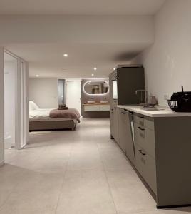 a bedroom with a bed and a kitchen with a counter at B&B Ztrand in Oudesluis
