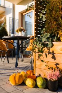 un tas de citrouilles posé à même le sol à côté d'une table dans l'établissement Bieszczadzkie Siedlisko Apartamenty i noclegi nad Jeziorem Solińskim Myczków blisko Solina i Polańczyk, à Polańczyk