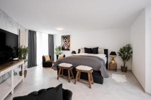 une chambre avec un lit et un salon dans l'établissement Hotel Egerkingen, idealer Zwischenstopp, à Egerkingen