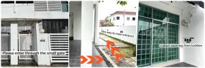 a collage of two pictures of a building with an entrance at Cozy Family Room with Large Balcony in Nibung Tebal