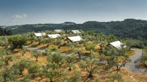 an aerial view of a farm with trees and houses at Glamping Poggio Nardini in Montelupo Fiorentino