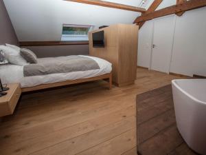 a bedroom with a bed and a television and a tub at La maison d'emile in Masnuy-Saint-Jean