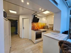 a kitchen with white cabinets and a stove top oven at Das blaue Haus in Pleisweiler-Oberhofen