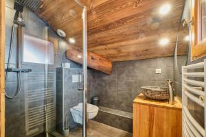 a bathroom with a toilet and a shower at Chalet 1 sur la route du tour in LʼHuez +18 photos