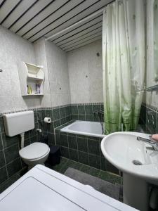 łazienka z toaletą, wanną i umywalką w obiekcie Alex Apartment w mieście Skopje +16 zdjęć