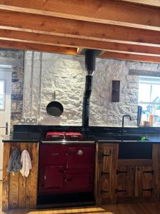a kitchen with a stove and a stone wall at Kells Yard in Feevaghmore +63 photos