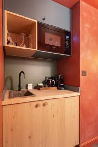 eine Küche mit Spüle und Mikrowelle in der Unterkunft Suite de charme-Expérience unique et raffinée in Lyon