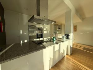 a large kitchen with a counter top with a sink at Villa Teixugueiras 2 - Gerês in Vieira do Minho