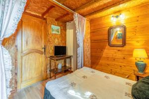 a bedroom with a bed and a television in it at Chalet gite in Saint-Paulet-de-Caisson