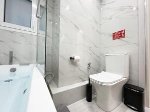 Un baño blanco con inodoro y ducha. en Athens Luxury Penthouse, en Atenas
