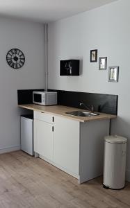 eine Küche mit einer Theke mit Spüle und Mikrowelle in der Unterkunft Perfect Studio - au calme avec terrasse, jardin, piscine in Libourne