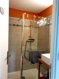 un baño con ducha y lavabo en La Chambre de la Ferme du Clos Giot, en Saint-Vaast-la-Hougue
