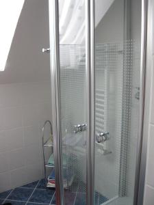 a shower with a glass door in a bathroom at Fewo zwischen München und Garmisch in Wielenbach