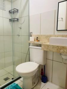 a bathroom with a toilet and a sink and a shower at Calmo e aconchegante apartamento térreo com quintal in Valparaíso de Goiás +7 photos