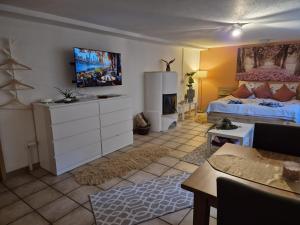 a room with a bedroom with a bed and a tv at Ferienwohnung Waldnest in Elmstein