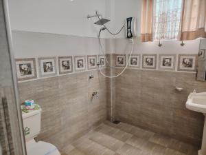 a bathroom with a shower with a toilet and a sink at Charlotte Inn in Kandy